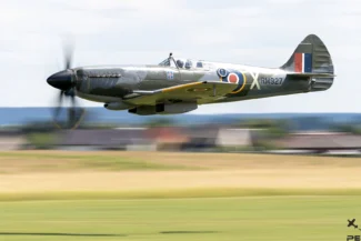 PL: Supermarine Spitfire FR Mk. XIVe w locie podczas pokazu w Mladá Boleslav. | EN: Supermarine Spitfire FR Mk. XIVe aircraft in flight during the airshow in Mladá Boleslav.
